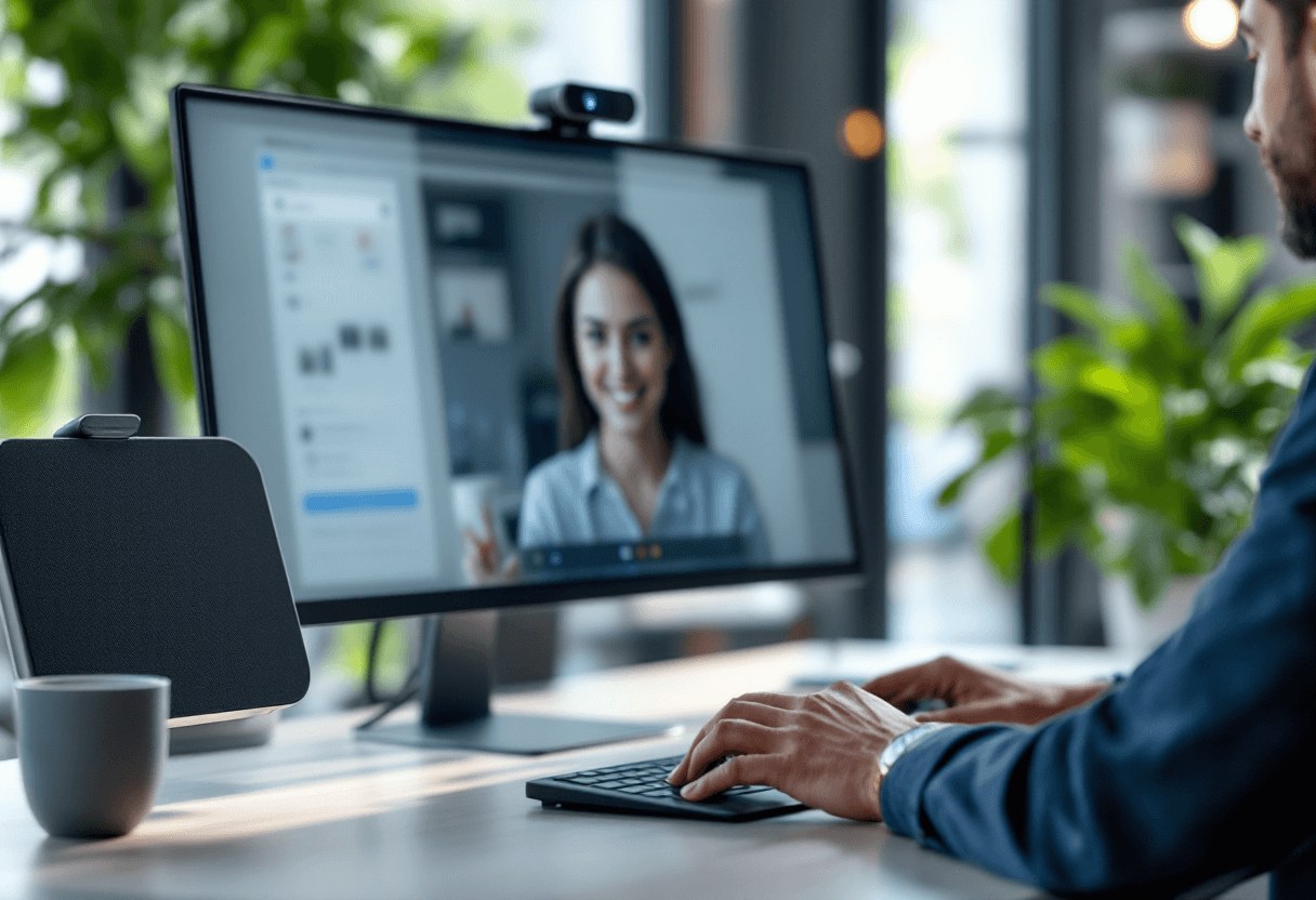 employé en visioconférence devant un pc équipé d'un cache caméra personnalisé